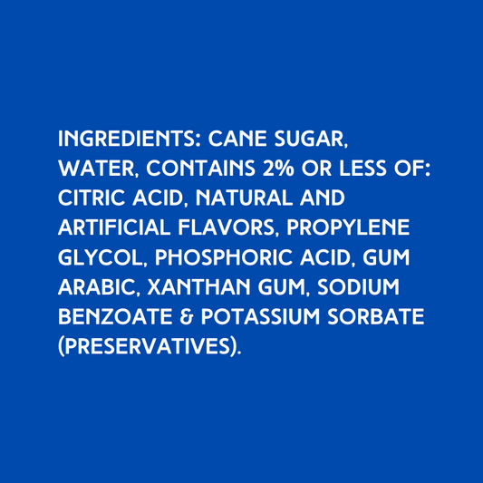 Ingredients for dye-free blue raspberry shaved ice syrup made with pure cane sugar, no corn syrup, and premium flavoring for snow cones, slushies, and frozen desserts.