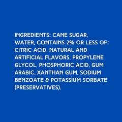 Ingredients for dye-free blue raspberry shaved ice syrup made with pure cane sugar, no corn syrup, and premium flavoring for snow cones, slushies, and frozen desserts.