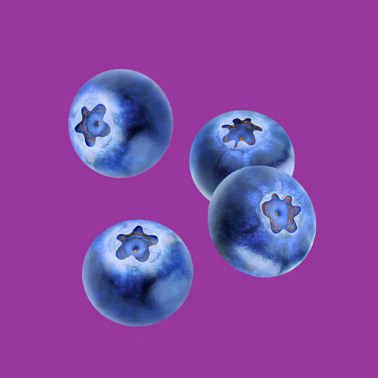 Picture of blueberries on a purple background representing Hypothermias Dye-FREE Slush Syrup made from non-GMO 100% pure cane sugar with no corn sugar and no dyes.