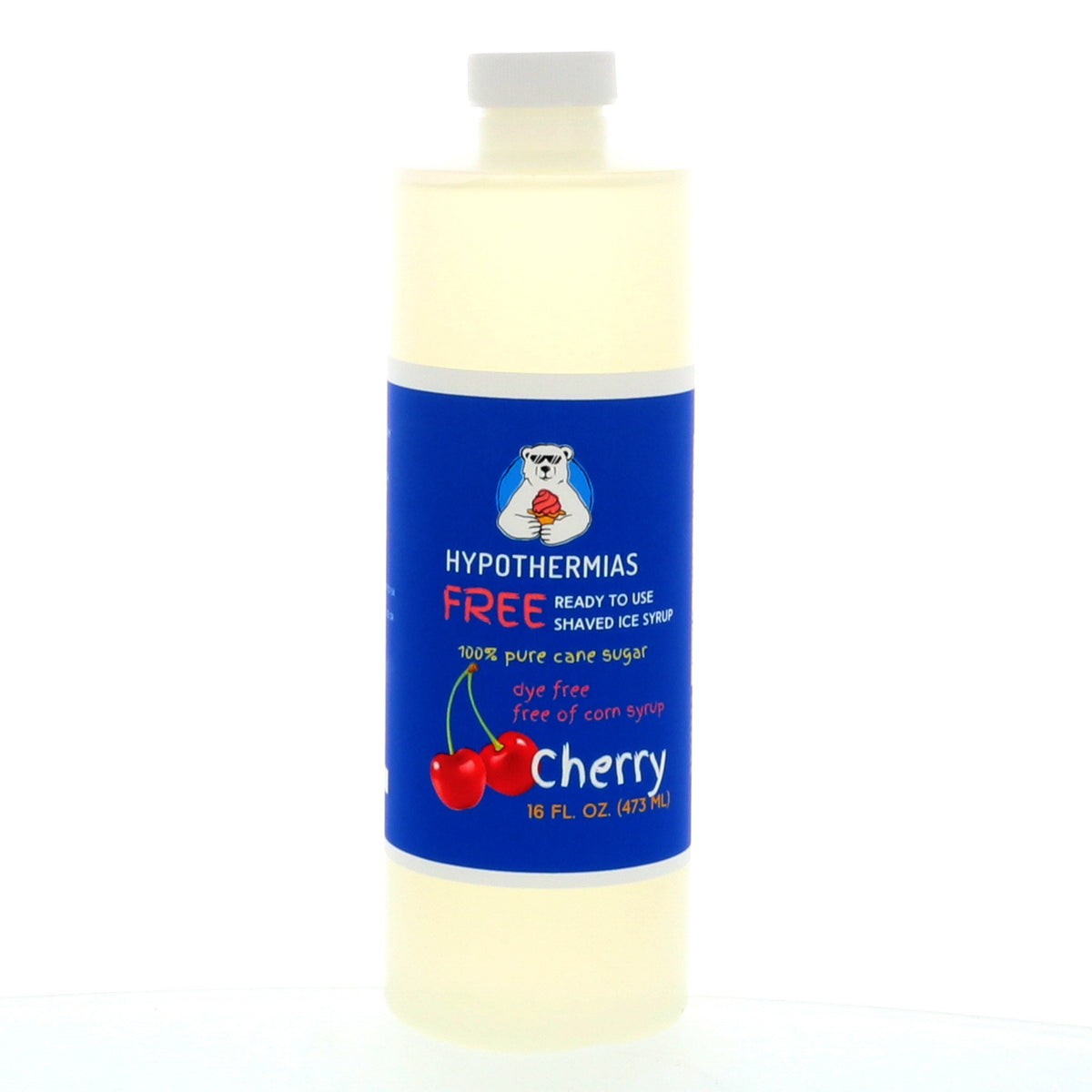 Cherry Hypothermias dye-free and sugar-free shaved ice and snow cone syrup made from non-GMO 100% pure cane sugar in a BPA-free plastic bottle. Perfect for shaved ice and snow cone treats.