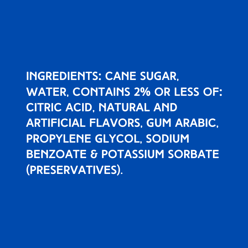 Ingredients for dye-free daiquiri shaved ice syrup made with pure cane sugar, no corn syrup, and high-quality flavoring for snow cones and frozen desserts.