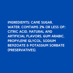 Ingredients for dye-free daiquiri shaved ice syrup made with pure cane sugar, no corn syrup, and high-quality flavoring for snow cones and frozen desserts.