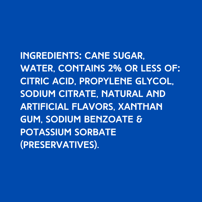 Premium ingredients for Hypothermias Dye-FREE Blueberry Syrup, non-GMO 100% pure cane sugar and other high-quality ingredients. Made without corn syrup or artificial dyes, perfect for shaved ice and snow cones.