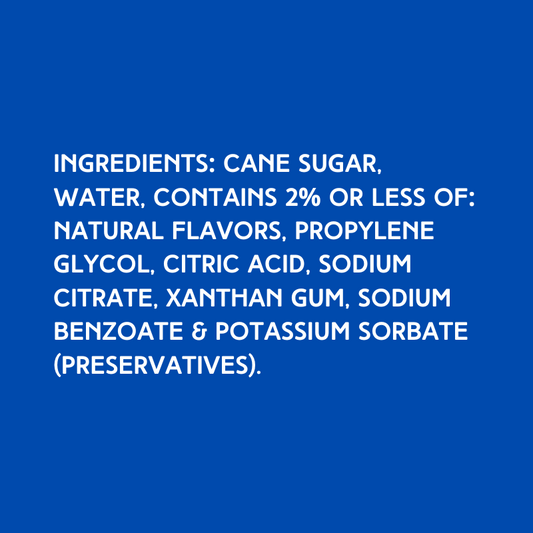 Hypothermias Dye-FREE Pina Colada shaved ice and snow cone syrup ingredients, made with non-GMO 100% pure cane sugar and no corn syrup.