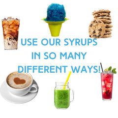 Collection of syrup uses: iced coffee with cream, blue snow cone in yellow holder, chocolate chip cookies, latte with heart design, green smoothie in mason jar, and red iced drink with mint garnish demonstrating versatile syrup applications in beverages and desserts