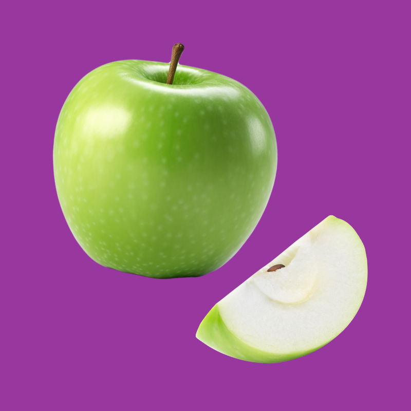 A picture of a green apple and a slice of green apple on a purple background, representing Hypothermias Green Apple Dye-FREE Slush Syrup.