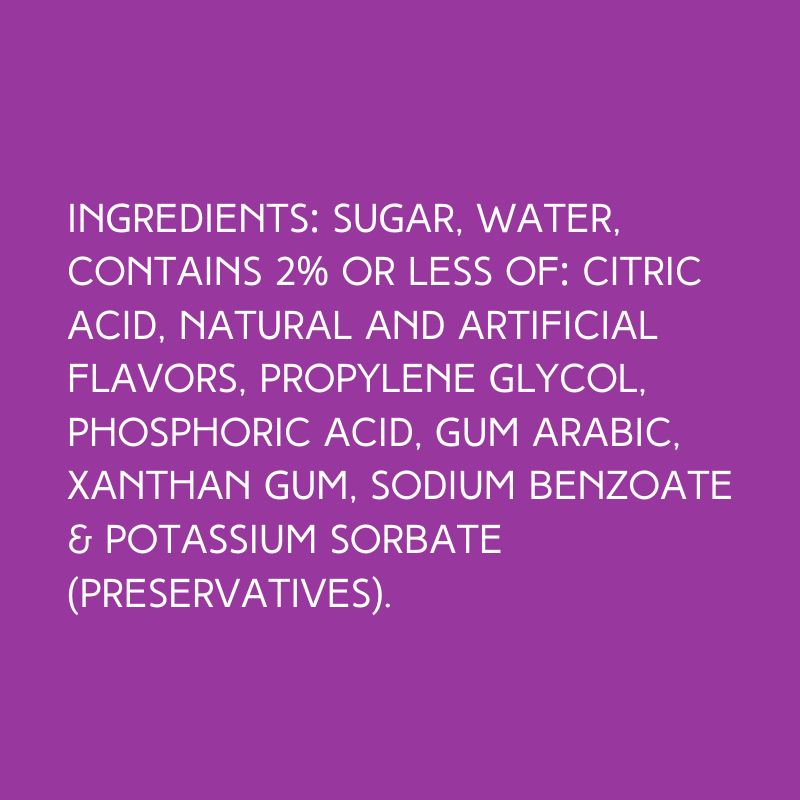 The ingredients in Hypothermias Green Apple Dye-FREE Slushy Syrup, made with non-GMO 100% pure cane sugar, no corn syrup and no dye.