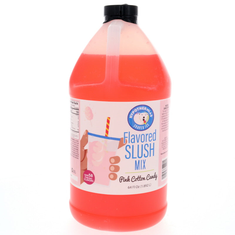 Bright pink Hypothermias Pink Cotton Candy Slush Syrup bottle made with 100% pure cane sugar, ideal for slushie machines and frozen drink recipes.