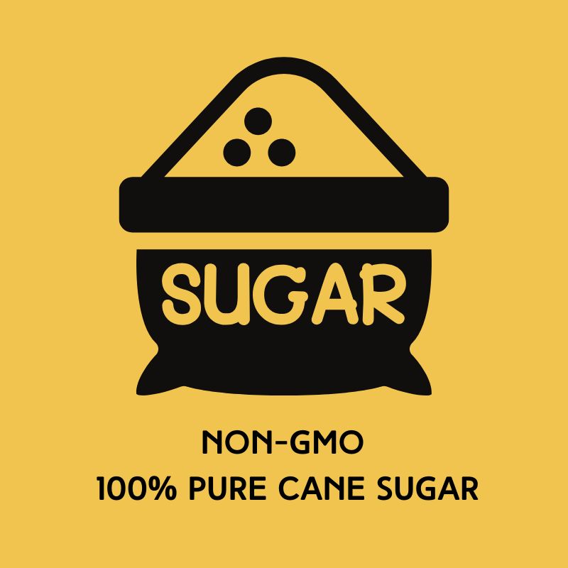 An image of sugar with the text non-GMO 100% pure cane sugar written below in reference to Hypothermias Wild Desert Dye-FREE coffee syrup.