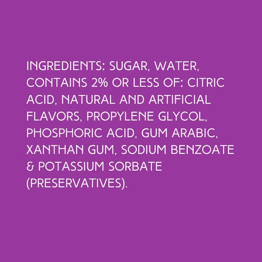 Ingredients in Hypothermias Blue Raspberry Dye FREE Slush Syrup made with non-GMO 100% pure cane sugar and no corn syrup.