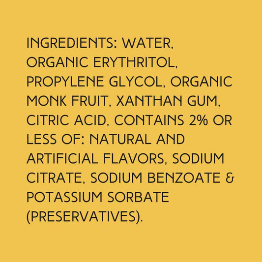 Ingredients for Wild Desert Sugar Free Dye-Free Syrup Coconut Flavor, including organic monk fruit and organic non-GMO erythritol.