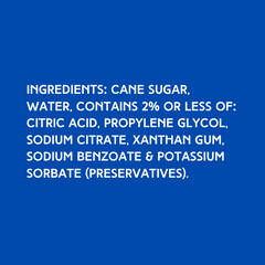 Ingredients for Hypothermias Dye-FREE Lemon Lime Shaved Ice Syrup, including pure cane sugar and no corn syrup, crafted in small batches in Tucson, AZ.