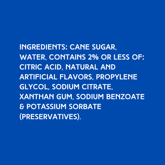 A close-up of the ingredients list for Hypothermias Dye-FREE Black Cherry Snow Cone Syrup, showing 100% pure cane sugar, natural black cherry flavors, and no artificial dyes.