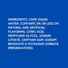 A close-up of the ingredients list for Hypothermias Dye-FREE Orange Snow Cone Syrup, showing 100% pure cane sugar and natural flavors with no artificial dyes.