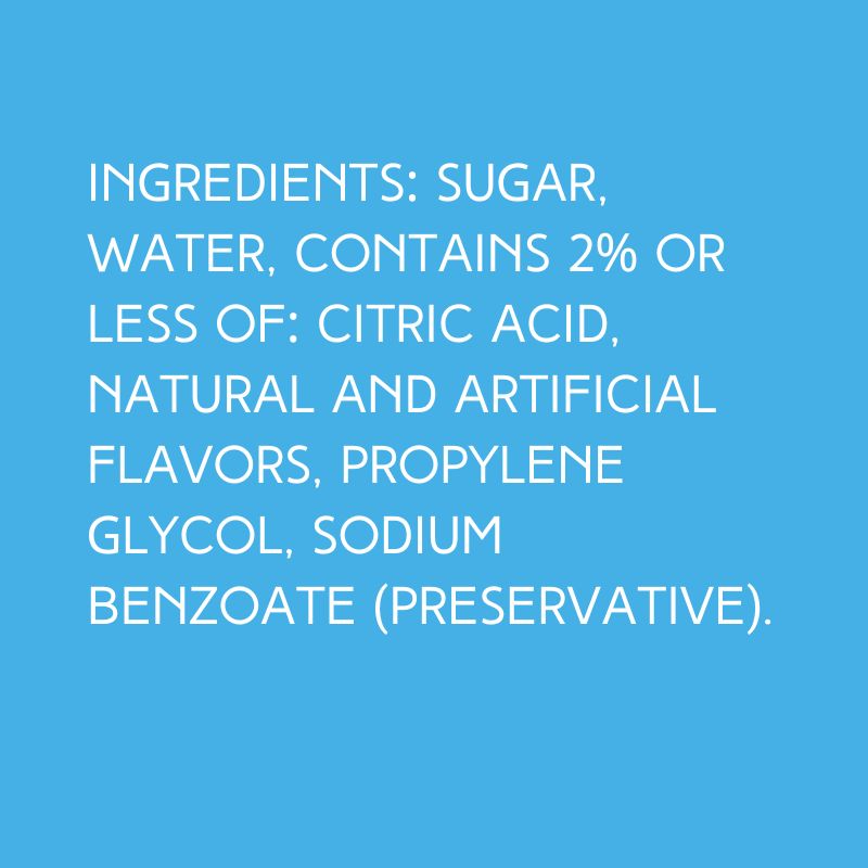 Ingredients for Hypothermias dye-free snow cone syrup made with 100% pure cane sugar and packaged in BPA-free bottles. Perfect for shaved ice, snow cones, and dye-free snacks.