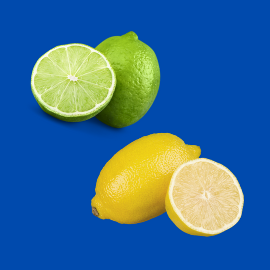 Fresh lemon and lime on a blue background representing Hypothermias Dye-FREE Lemon-Lime Shaved Ice Syrup, made with pure cane sugar and no corn syrup.