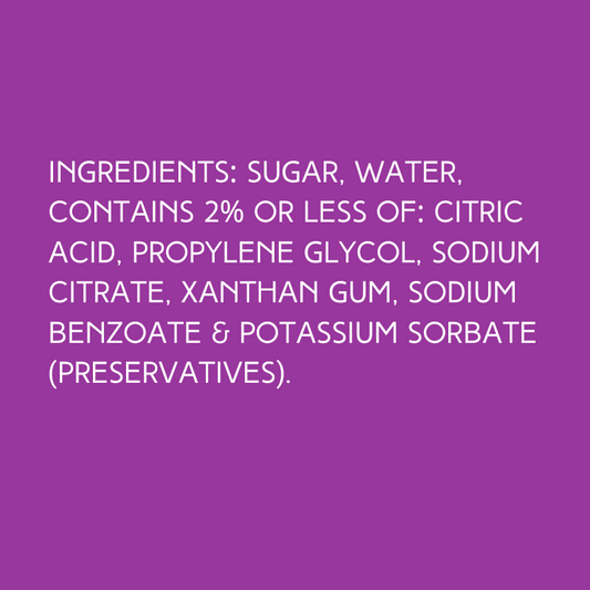 Ingredients in Hypothermias Lemon Lime Dye-FREE Slush Syrup, made from non-GMO 100% pure cane sugar, no corn syrup and no dyes.