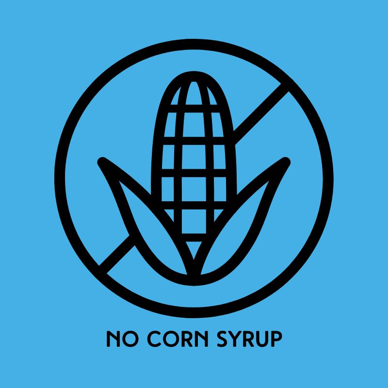 Black icon of crossed-out corn ear with text 'NO CORN SYRUP' on blue background