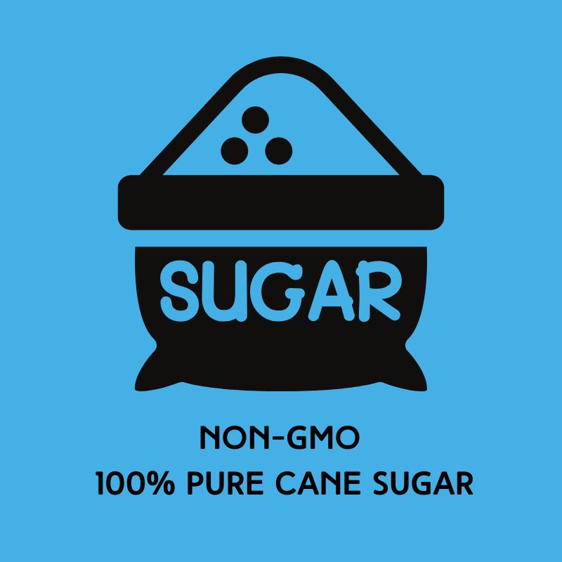 Stylized black icon of a sugar bowl with text reading 'SUGAR' and 'NON-GMO 100% PURE CANE SUGAR' on blue background