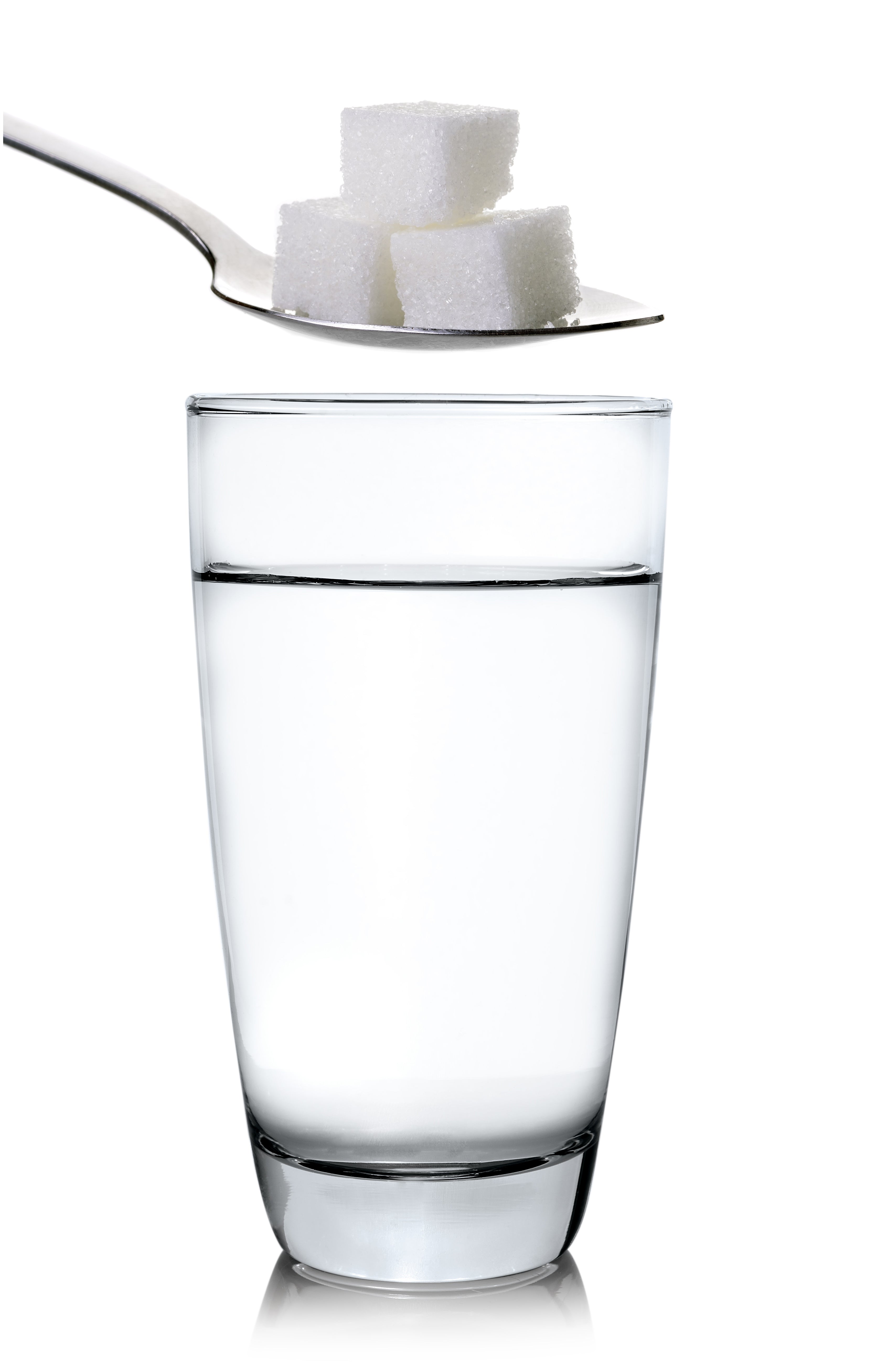 Image of sugar cubes in a spoon hovering over a glass of water meant to visually represent Hypothermias Simple Syrup made with pure cane sugar. Neutral base syrup for slushies, snow cones, and shaved ice.