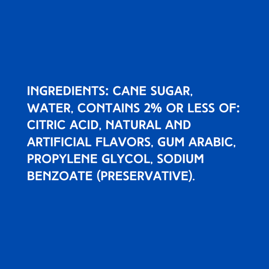 Ingredients for dye-free spearmint shaved ice syrup made with pure cane sugar, no corn syrup, and high-quality flavoring for refreshing snow cones and slushies.