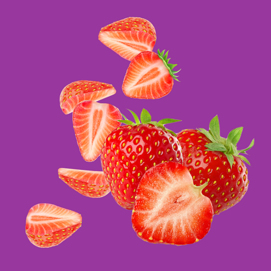 A picture of strawberries on a purple background representing Hypothermias Dye-FREE Slush Syrup, made from non-GMO 100% pure cane sugar and no corn syrup.