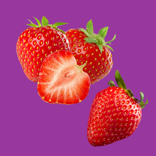 A picture of strawberries on a purple background representing Hypothermias Dye-FREE Slush Syrup, made from non-GMO 100% pure cane sugar and no corn syrup.