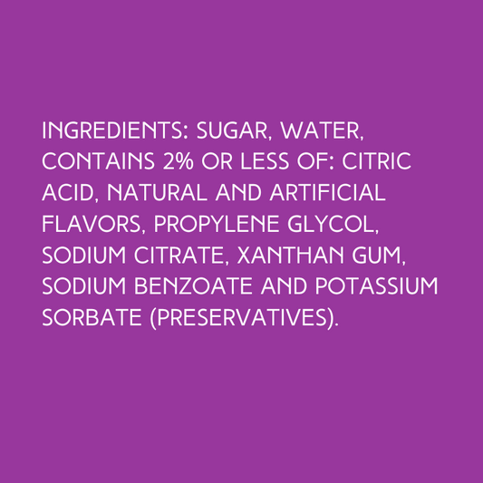 The ingredients for Hypothemias Strawberry Dye-FREE Slush Syrup, containing no dyes, no corn syrup and non-GMO 100% pure corn sugar.