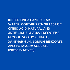 Ingredients for dye-free strawberry shaved ice syrup made with pure cane sugar, no corn syrup, and high-quality flavoring for snow cones, slushies, and frozen desserts.