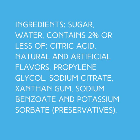 Ingredients list for dye-free shaved ice and snow cone syrup made with pure cane sugar. Natural ingredients, no artificial dyes, BPA-free bottle, perfect for Hawaiian shaved ice treats and snow cone desserts. Contains water, natural flavors, and preservatives.