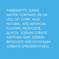 Ingredients list for dye-free shaved ice and snow cone syrup made with pure cane sugar. Natural ingredients, no artificial dyes, BPA-free bottle, perfect for Hawaiian shaved ice treats and snow cone desserts. Contains water, natural flavors, and preservatives.