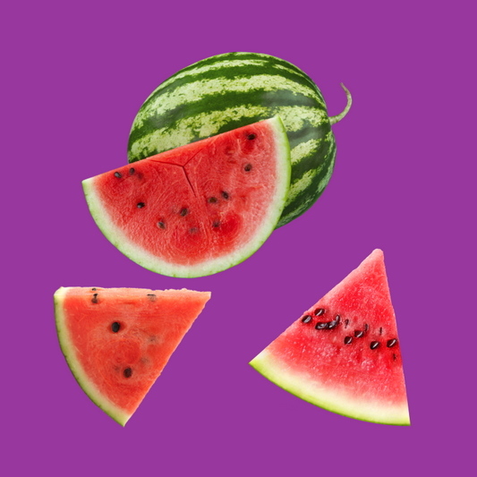 Picture of watermelons on a purple background, representing Hypothermias Pure Cane Sugar Watermelon Dye-FREE Slush Base Syrup.