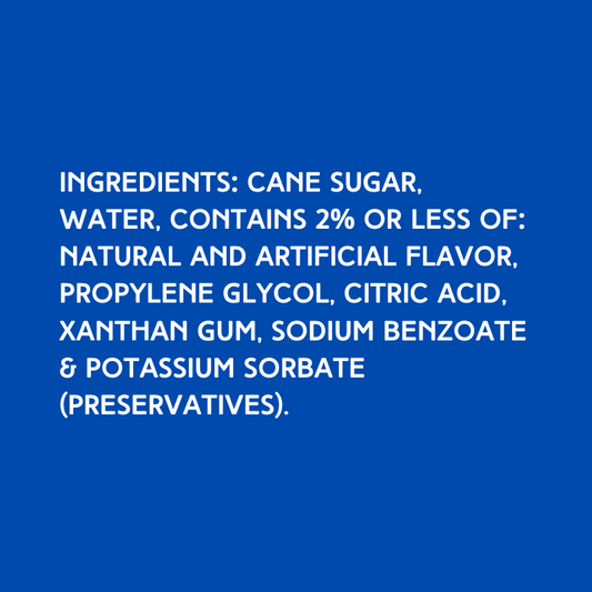 Ingredients for dye-free watermelon shaved ice syrup made with pure cane sugar, no corn syrup, and high-quality flavoring for snow cones and slushies.