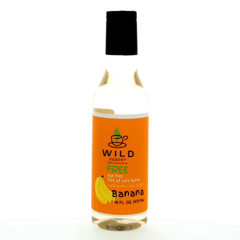 Wild Desert Dye-FREE banana coffee syrup 12 fl oz - made with non-gmo 100% pure cane sugar. Packaged in a recyclable bpa-free bottle - ideal for coffee, desserts, and beverages.