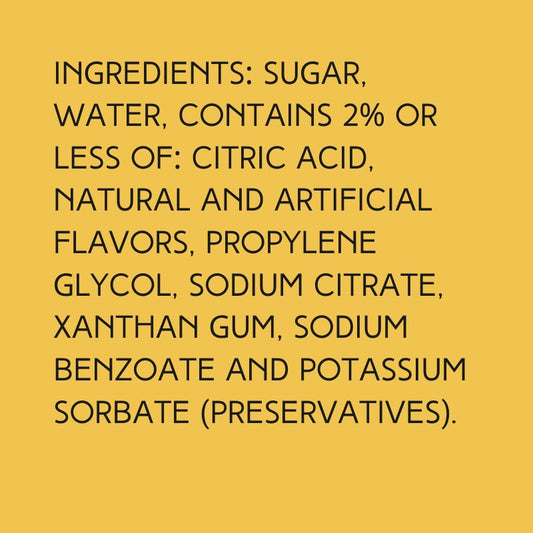 Ingredients list label for Hypothermias Tiger's Blood dye-free slush syrup, featuring sugar, citric acid, natural and artificial flavors, preservatives like sodium benzoate and potassium sorbate, perfect for shaved ice and snow cones.