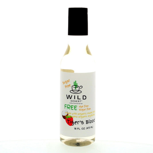 Wild Desert Tiger's Blood syrup bottle, sugar-free and dye-free, made with organic monk fruit and non-GMO erythritol, perfect for shaved ice and snow cones as a healthy, sugar alternative.