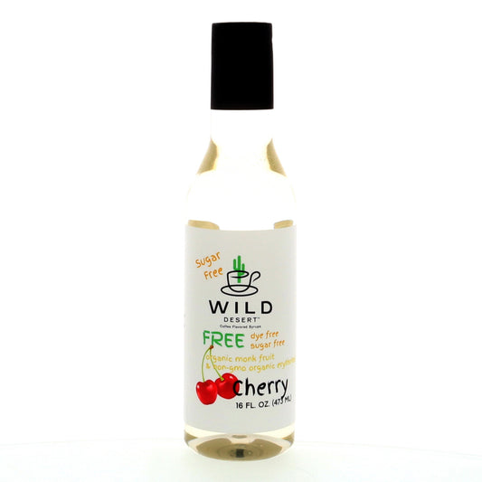 Bottle of Wild Desert Sugar Free Dye Free Cherry Coffee Syrup, 16 oz, made by Hypothermias with organic monk fruit and organic non-GMO erythritol